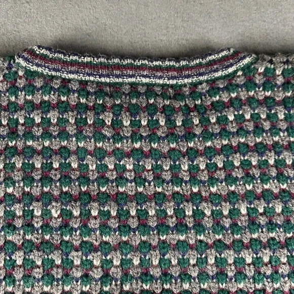 Vtg Eddie Bauer Mens XL 100% Wool Chunk Knit Sweater Green Burgundy Crew Neck - Picture 12 of 14